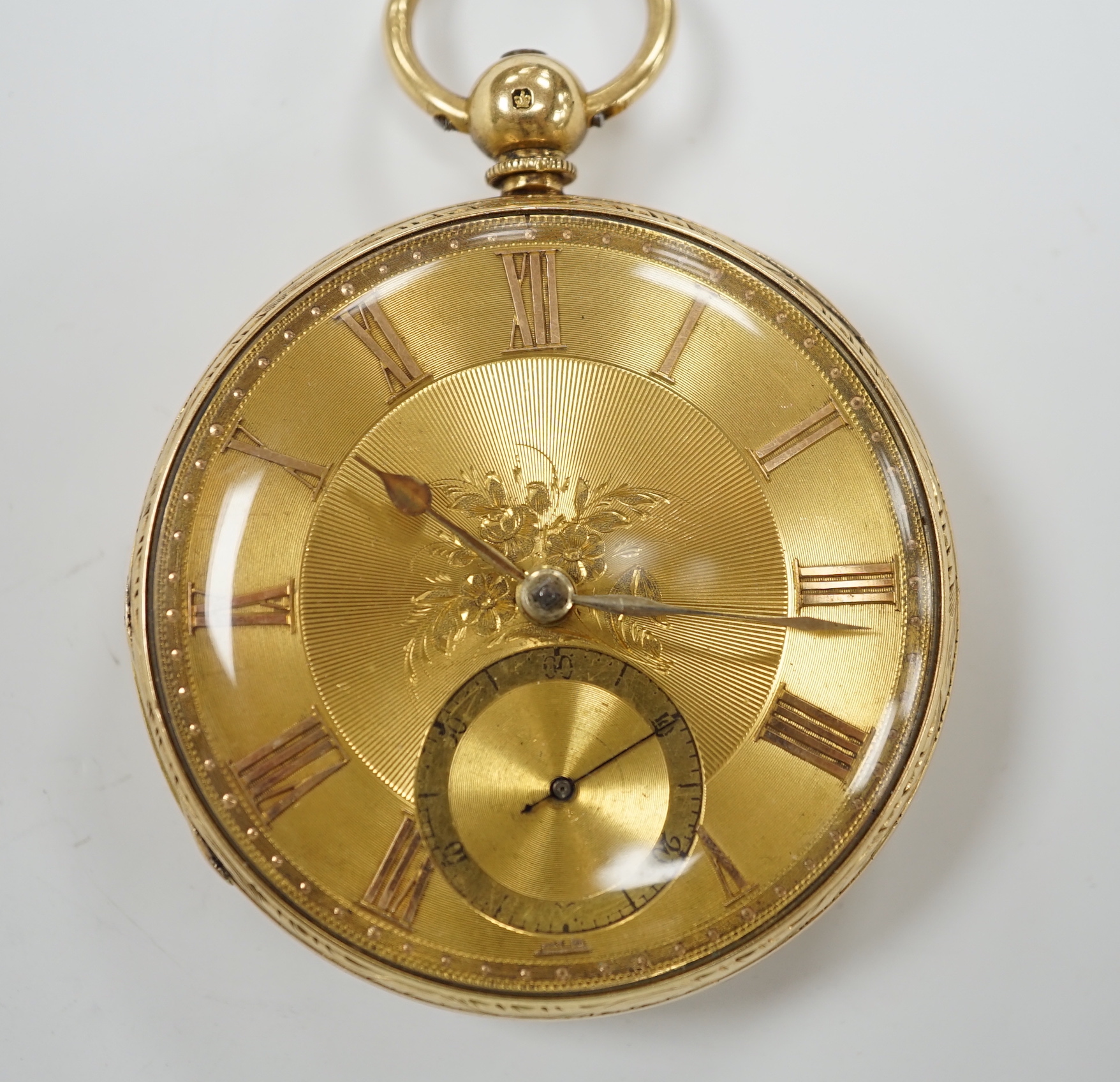 A Victorian 18ct. gold open face keywind pocket watch, with yellow dial and subsidiary seconds, case diameter 54mm, gross weight 126.6 grams.